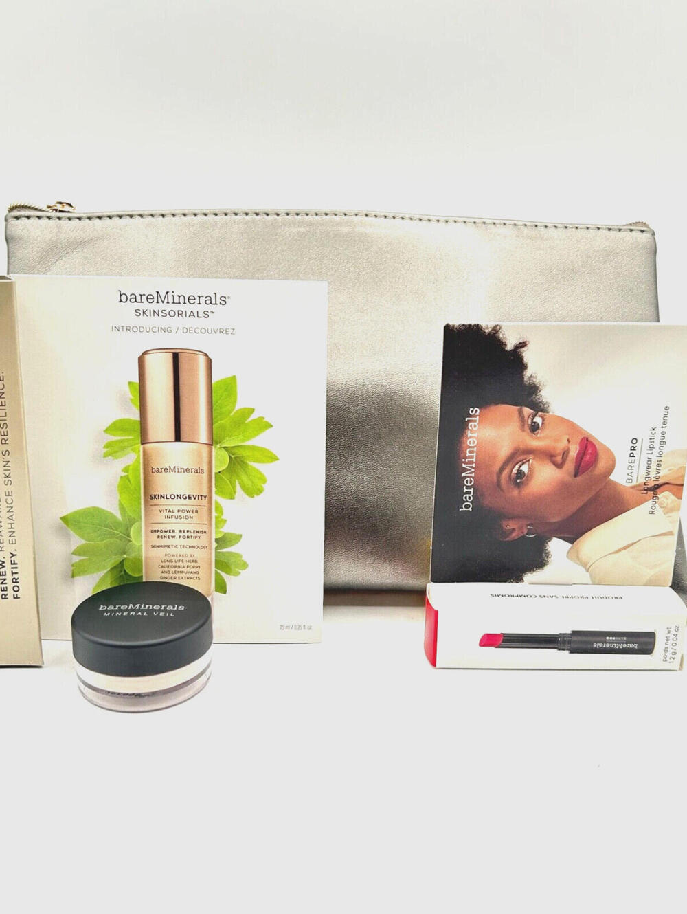 New bareMinerals Makeup Bag, Lipstick, Mineral Veil & Skinlongevity Gif Set